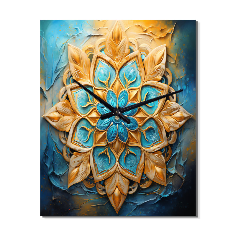 Horloge murale Divine Mandala en or et turquoise rétro - Boho Mandala, Moyen