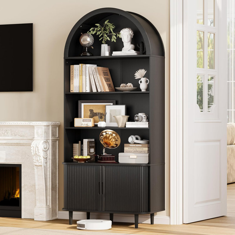 71" Arched Bookshelf, 5-Tier Arch Bookcase with Storage, Modern Farmhouse Book Shelf with Adjustable Shelves ＆Sliding Tambour Doors