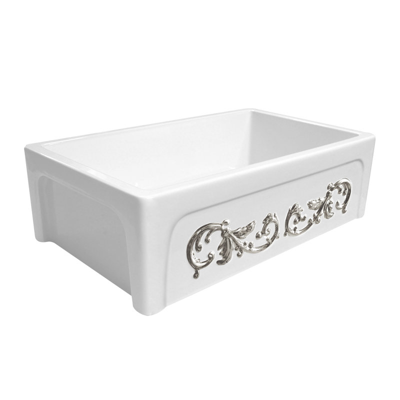 White and Platinum Ornamental Fireclay Farmhouse Kitchen Sink