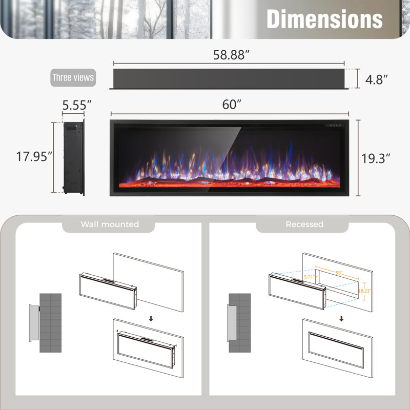 42 Inch Electric Fireplace Recessed And Wall Mounted, 19.3" H x 60" W x 5.1" D