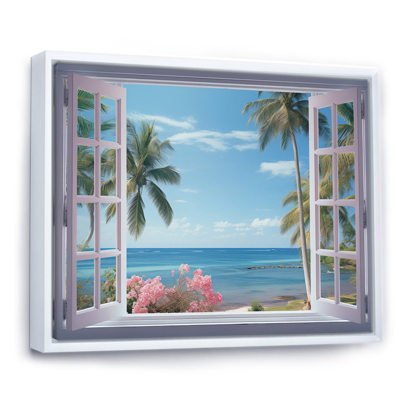 Vue sur l'océan tropical à travers une fenêtre blanche ouverte - art mural sur toile côtière, H 24 po x l 32 po x P 1 po