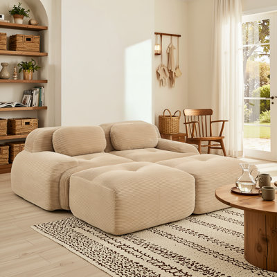 Modular Lounge Sofa in Soft Corduroy, Camel Deep-Seat Sectional with Curved Backrest for Living Rooms