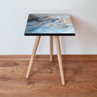 Modern Side Table with Beech Wood Legs, Abstract Marble Design, 13.8 x 16.5 x 13.8 inches | 100% MDF, Thickness: 0.7 inches | Stylish Blue, Navy Blue, Orange & White Colors | Ideal for Living Room & Bedroom Decor