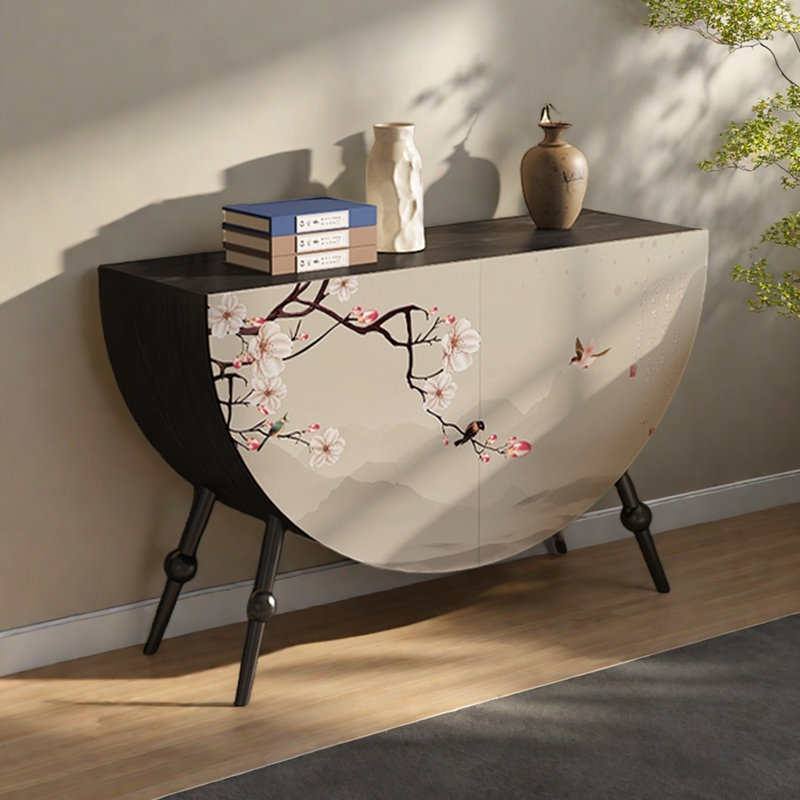 Floral semi-circular decorative accent cabinet, Black
