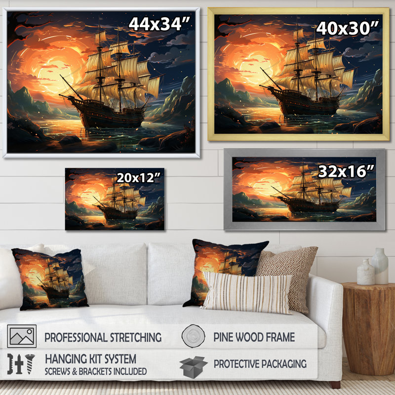 Bateau pirate au milieu de Legacy II - dessin d'art mural, H 12 po x l 20 po x P 1 po, Toile tendue