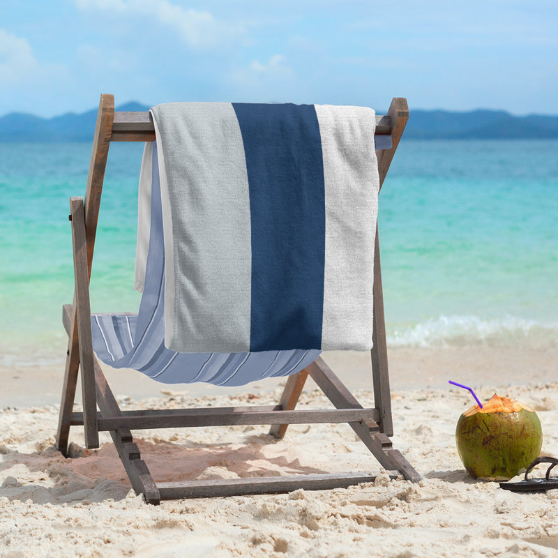 Cotton Blend Lightweight Beach Towel, Silver/Navy Blue/White
