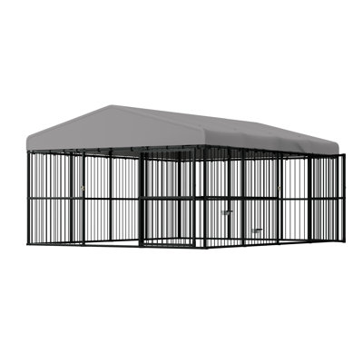 10x13x6.4 FT Outdoor Dog Kennel with 2 Doors, Waterproof Roof, Heavy-Duty Steel Frame, Reinforced Mesh Panels & Secure Latch