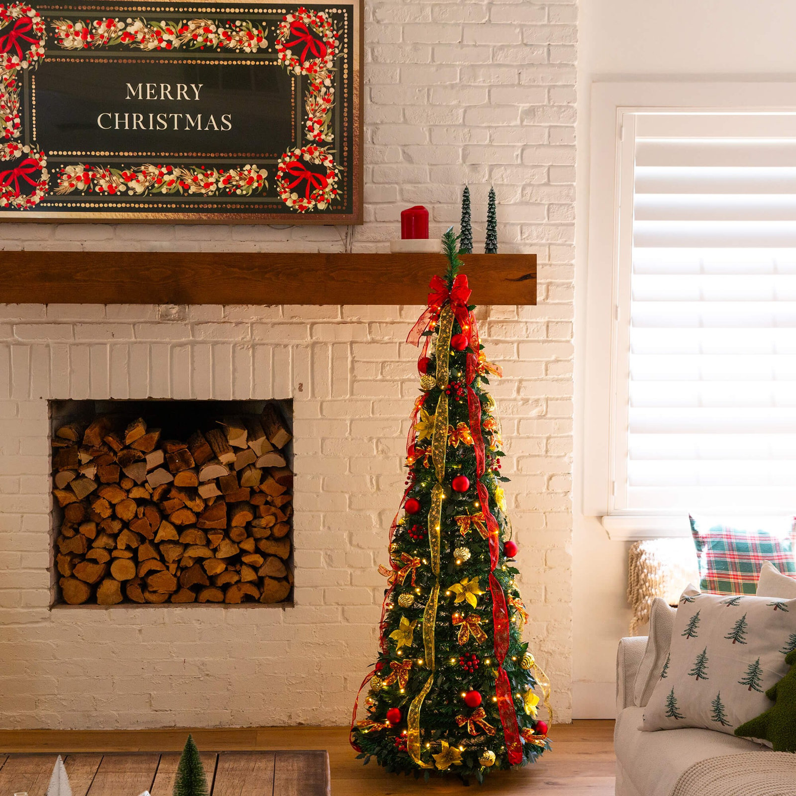 Red 7' Pre-Lit Pine Christmas Tree, 6" H x 27" W x 24" D