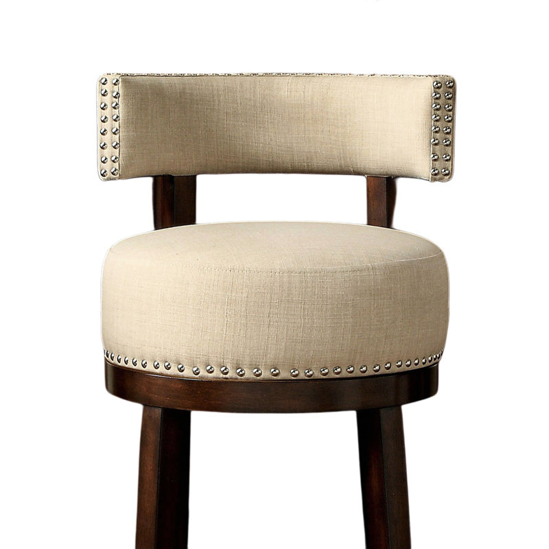 Tabourets de bar pivotants de 25 po, dont 2, pieds en bois de chêne foncé, sièges et dossiers rembourrés en tissu beige, conception contemporaine pour l'avancement de la cuisine, conception transitionnelle en bois massif, décor idéal