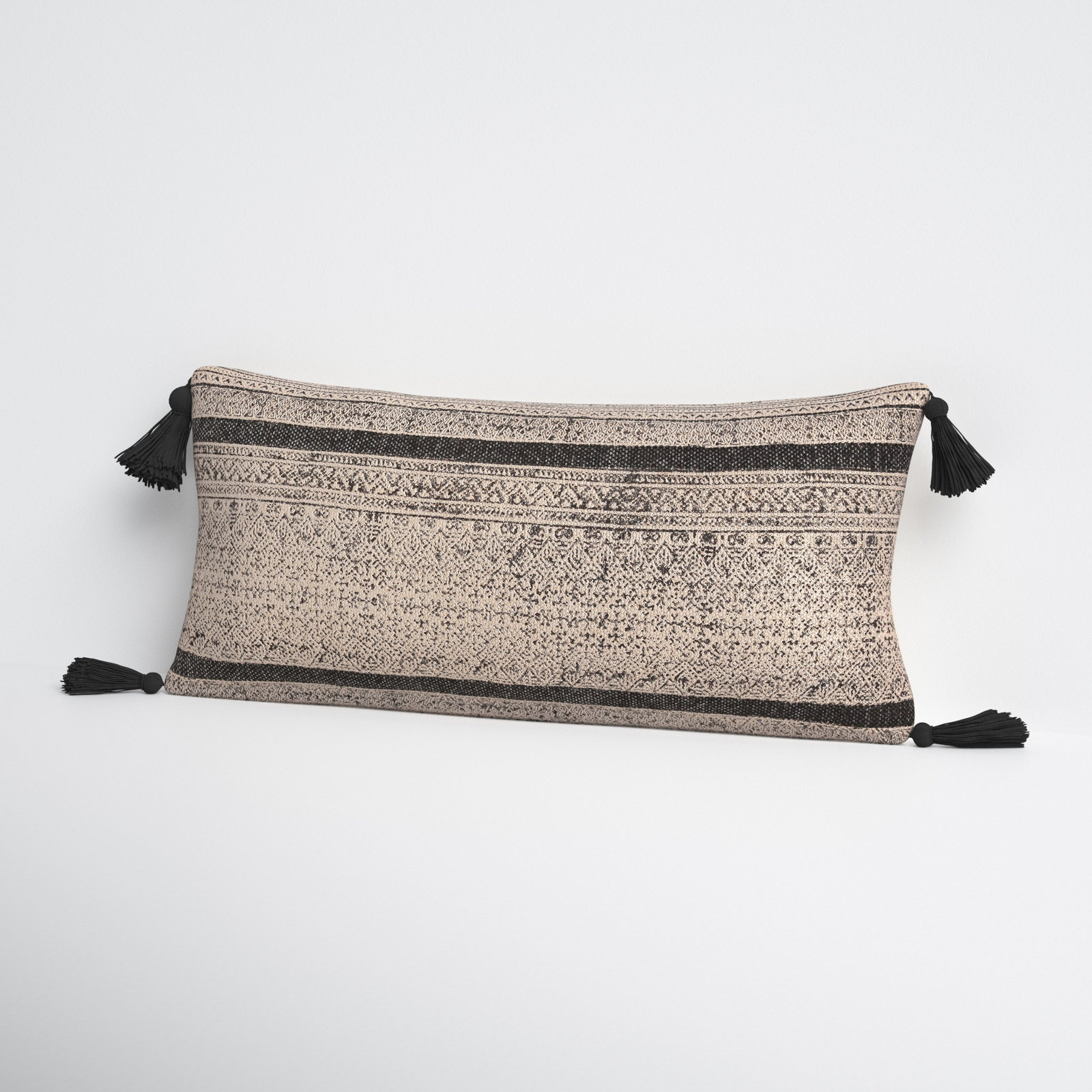 Zetta Tassels Cotton Lumbar Throw Pillow, Beige/Black, Polyester/Polyfill