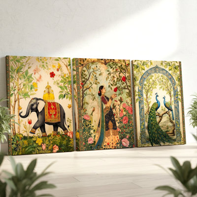 3 Pieces Indian Elephant and Peacock Large Wall Art with Floral Motifs, Three Pieces Wall Art for Living Room, Bedroom, and Office Decor, Framed Look