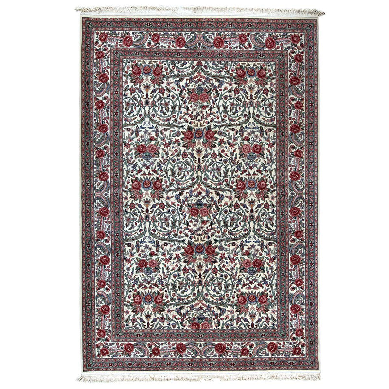 Tapis vert / blanc / rouge noué à la main de haute qualité