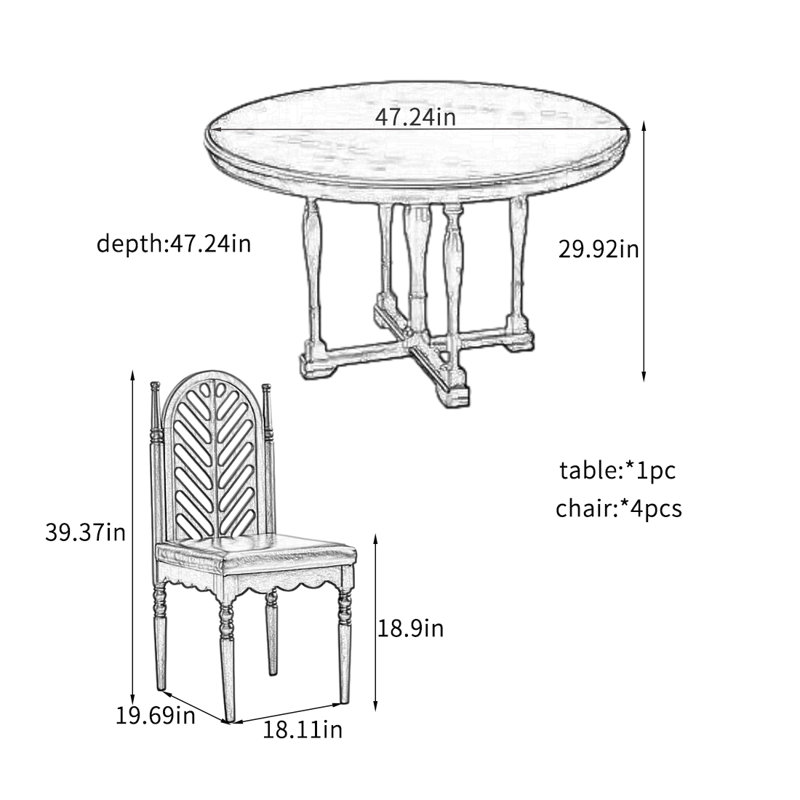 Sturdy Solid Wood Round Dining Table Sets., 29.92”H x 47.24”L x 47.24”W