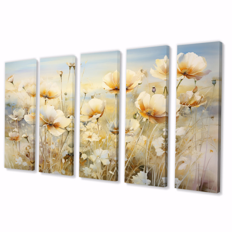 «Flower Field Of Blossoming White Popies» - Art mural sur toile coquelicots - 5 panneaux égaux