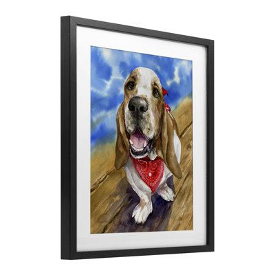 Basset Hound with Bandana Framed Print Under Glass, design by George Dyachenko