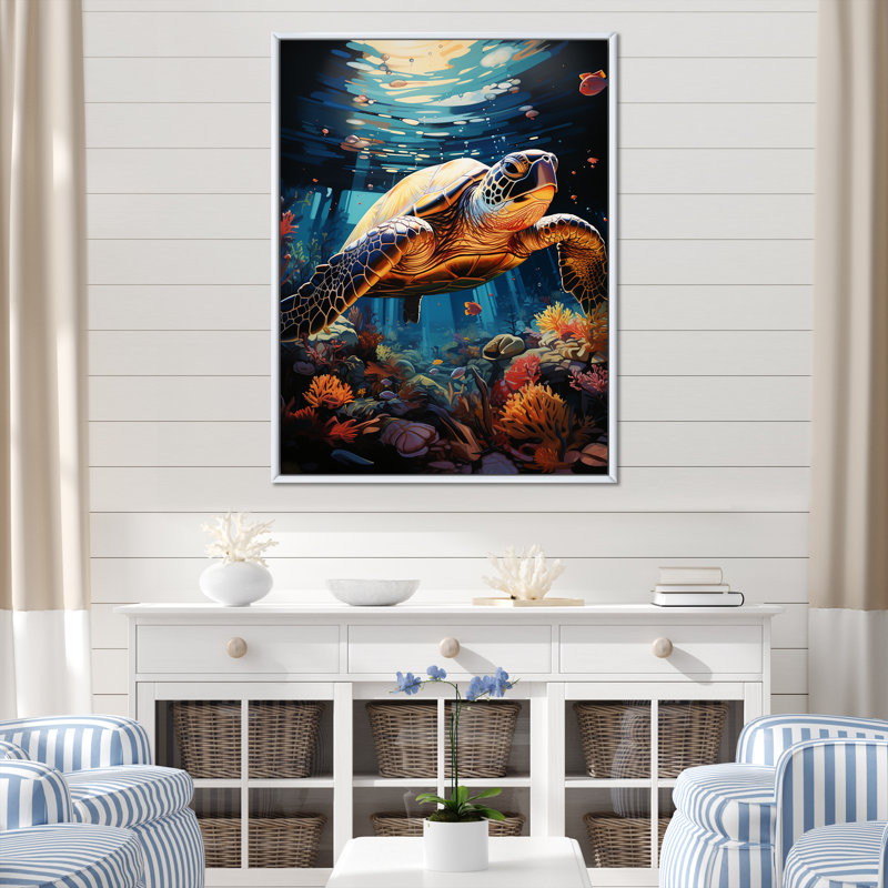 Serene Turtle Underwaters IV, reproduction d'art sur toile, Cadre flottant blanc, H 44 po x l 34 po x P 1,5 po
