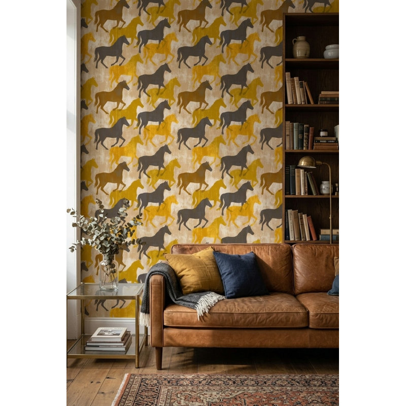 Cheval et silhouettes de papier peint jaune moutarde amovible, Peler et coller
