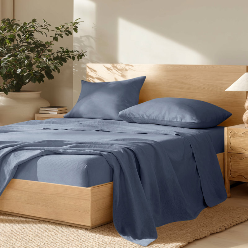 100% Linen Sheet Set, Queen Sheet Set with 2 Pillowcases, Indigo