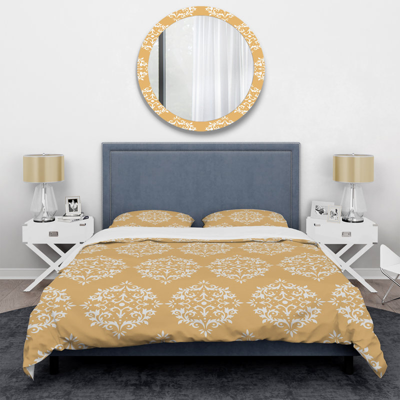 Ensemble de housse de couette à motif damas blanc et doré - Polyester microfibre