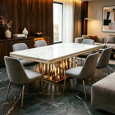 59.06"Modern Light Luxury Rectangular Dining Table in White & Gold Finish with Natural Marble Tabletop