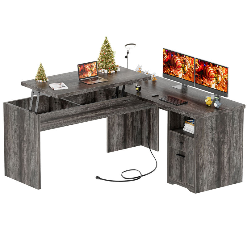 Deyra 56'' W L-Shaped Desk Lift Top Design, Gray