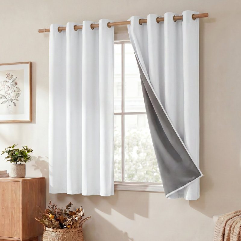 100% Blackout Short Curtains 63 inches Lenghth Burg for Kitchen, Burlap Linen Drapes with Thermal Insulated Grey Liner, Keeping Out Cold Air and Heat Panels, 2 Panels
