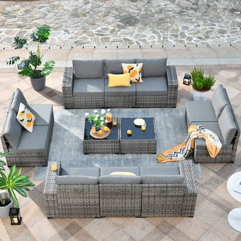 Wood Premium All-Weather Wicker 10 - Person Patio Conversation Set with Cushions, Dark Gray