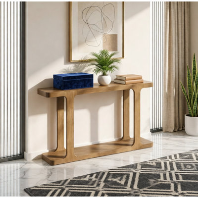 Console minimaliste moderne de 50 pouces avec assemblage incrusté, pieds en bois massif et tablettes de rangement doubles pour les entrées et les salons