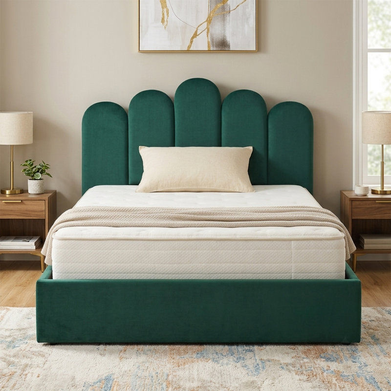 Petal Palm Headboard Upholstered Platform Bed with Gas Lift Storage, Full, Green Velvet, Full / Double, Green