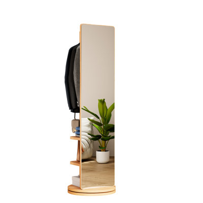 Miroir pivotant sur 360 ° en bois massif avec rangement à crochets et porte-manteau, idéal pour le cintre à domicile