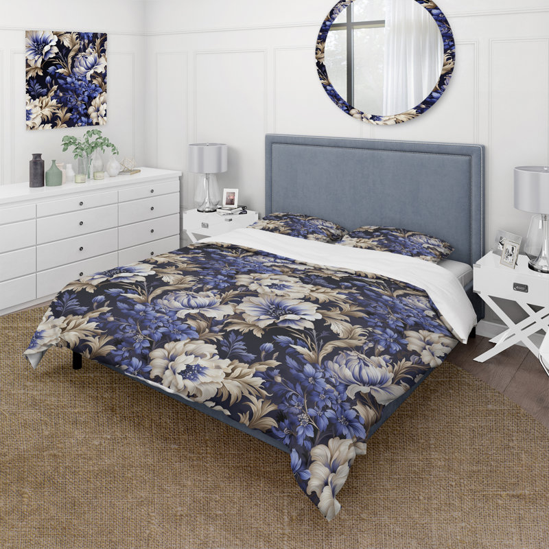 Ensemble de housse de couette Regal Cobalt Blue Damask Ii Victorian, Housse de couette pour très grand lit et 2 très