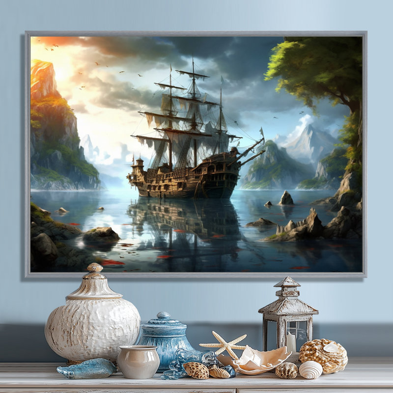 Bateau pirate en mer - art mural pirate, H 12 po x l 20 po x P 1 po, Encadrement argenté