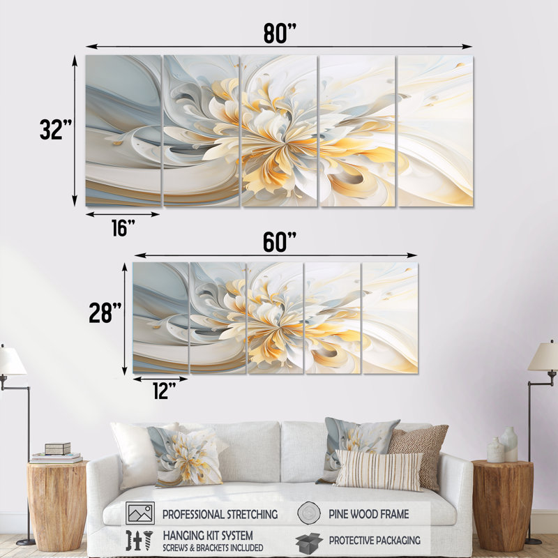 «Whirling Flower Dynamics» - Ensemble de 5 décorations murales florales dorées et blanches, H 28 po x l 60 po