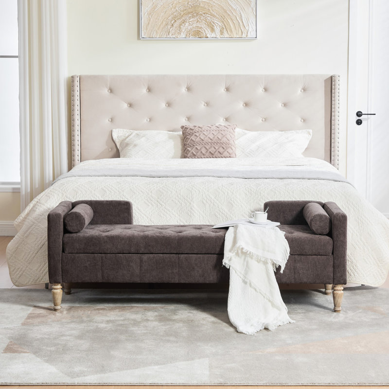 Banc de rangement avec accoudoirs et coussins 64,57 po Farmhouse, Café