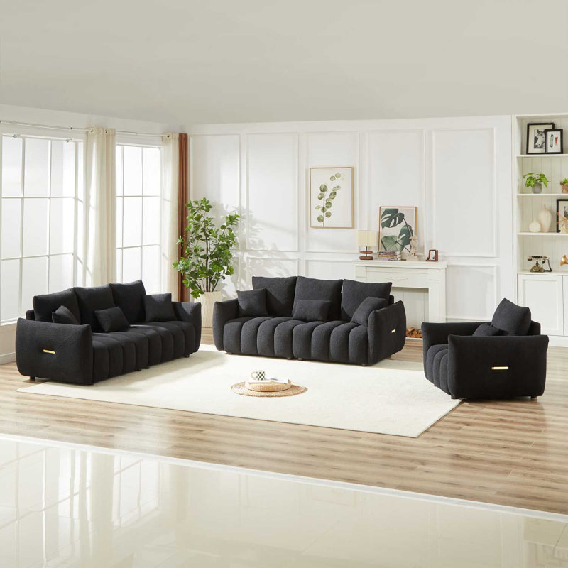 Canapé 1 place et 3 places avec canapé en peluche moderne et structure en bois, Noir