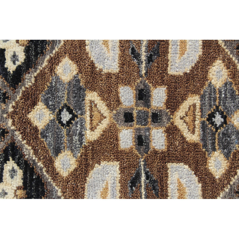 Hand-Knotted Grey & Black Wool Area Rug – Tribal Geometric Medallion Design with Bold Border, Rectangle 8' x 10'