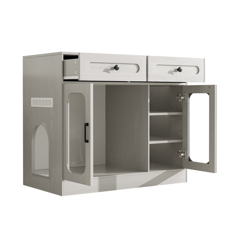 Large Hidden Cat Litter Box Enclosure Cabinet with Glass Door, Side Access, Built-in Light & Storage Drawers, Gray Wood Grain Finish