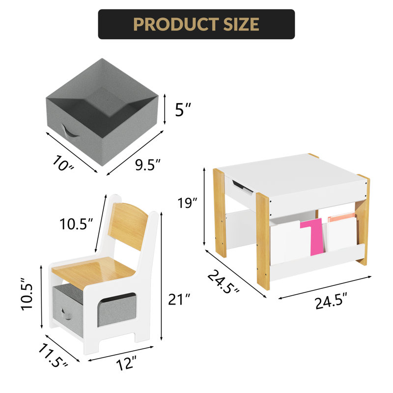 Kids 3 Piece and Chair Set, White/Natural