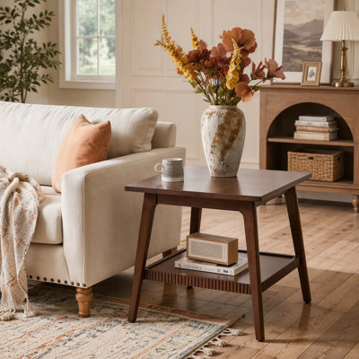 Solid Wood End Table, 2‑Tier Square Side Table with Storage Shelf, Modern Nightstand Accent Table for Living Room, Sofa Couch Side