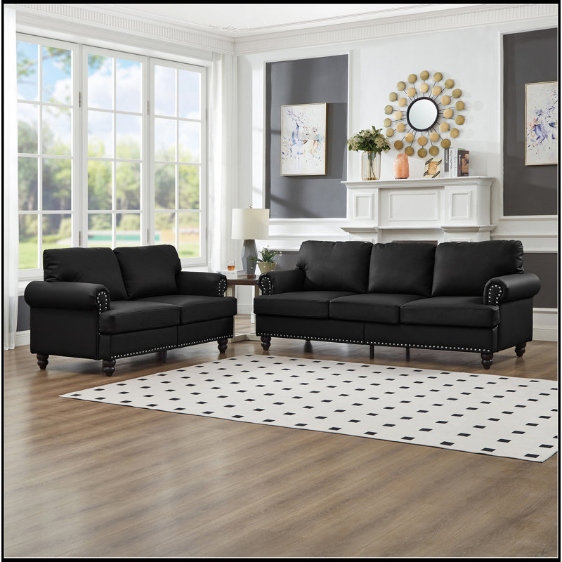 Design moderne et classique avec clous, causeuse de salon 2 + 3 places et canapé en cuir, similicuir rembourré noir, Noir