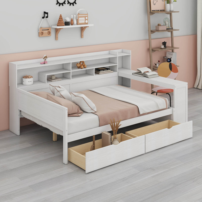 Corner Full Bed Frame With Bookcase Storage And Desk,Wood Day Beds With 2 Drawers, Captains Bed Frame With Bookcase And Headboard