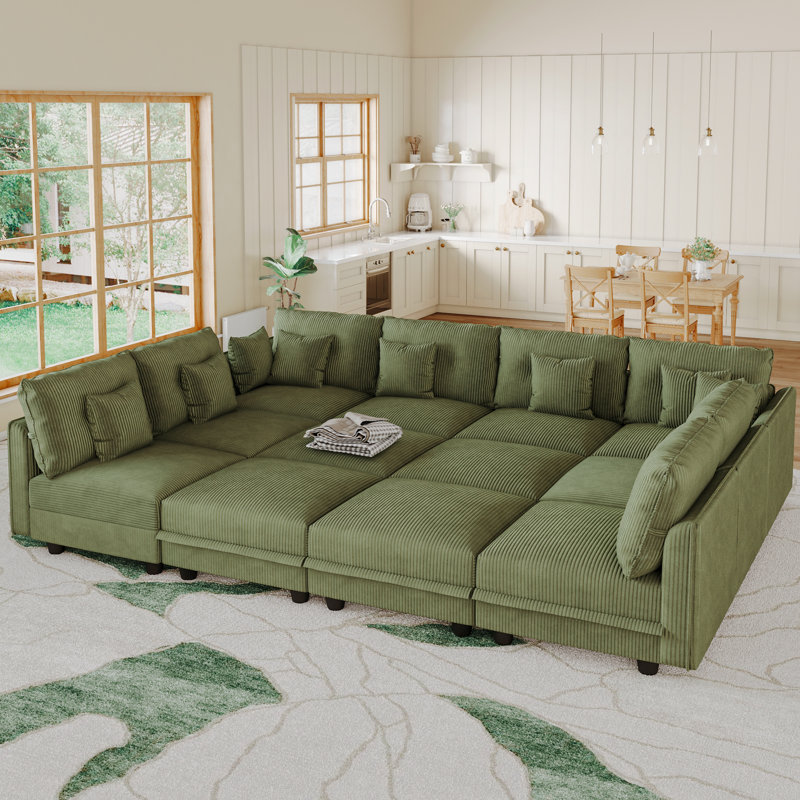12 Seat Corduroy Convertible Modular Sectional Sofa With Storage, 8 Back Cushion 8 Throw Pillow, Green Corduroy