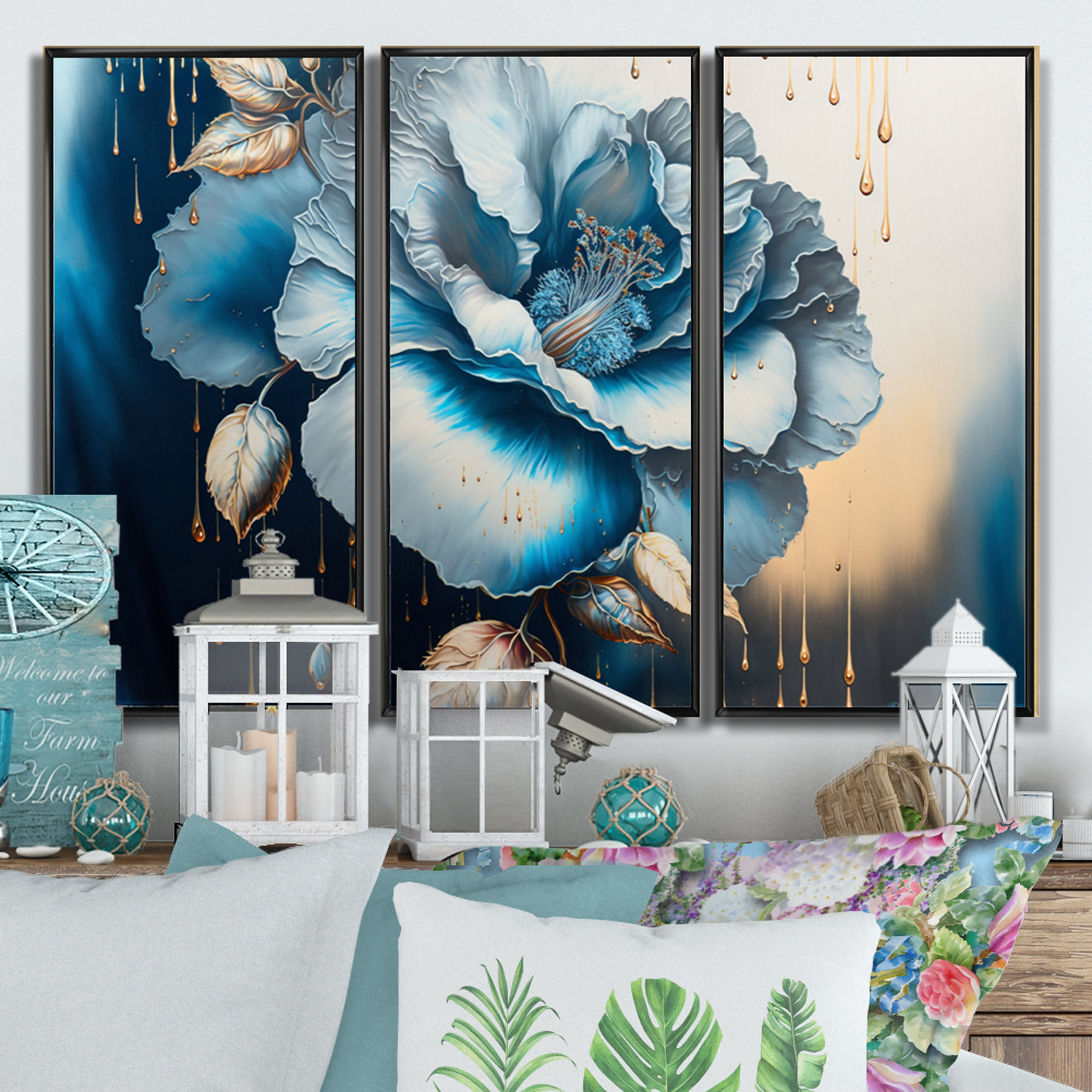 Red Barrel Studio® Ice Blue Hibiscus On Canvas 3 Pieces Print | Wayfair