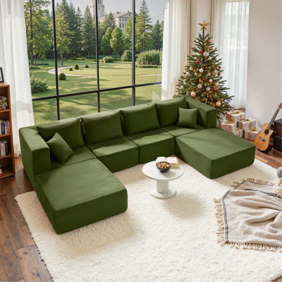 140" Modular Sectional Sofa Bed, Convertible U-Shaped Floor Couch, Corduroy Fabric, High-Density Foam, No Assembly Required,White