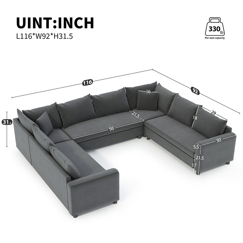 Canapé modulaire surdimensionné pour 8 personnes, Gris chenille