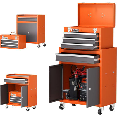 Coffre à outils robuste à 4 tiroirs avec roulettes, boîte à outils en métal à plateau amovible, armoire de rangement pour atelier verrouillable, orange