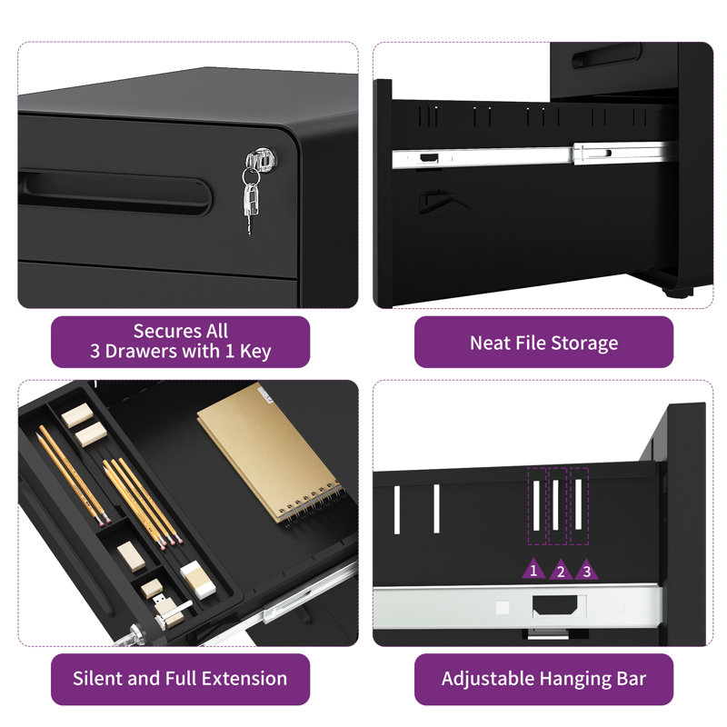Lewan 15.5'' Wide 3 -Drawer Mobile Steel File Cabinet, Black