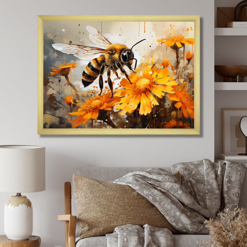«Animal Sunflower Bee Vibrant II», reproduction sur toile, H 34 po x l 44 po x P 1,5 po, Encadrement doré