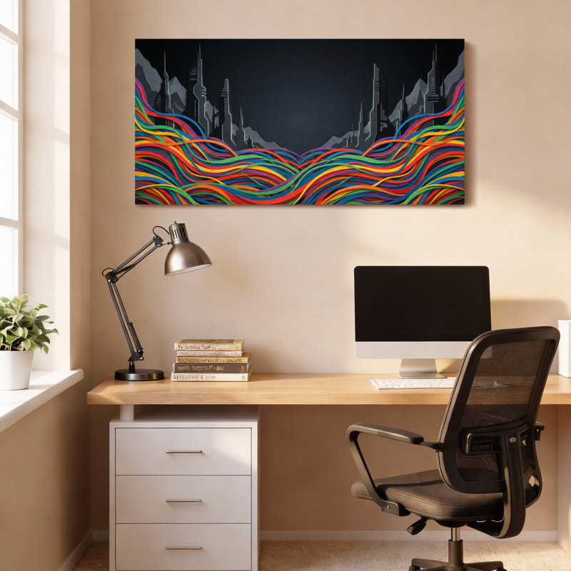 Ensemble de 1 toile tendue représentant des vagues abstraites colorées et un paysage urbain futuriste, 3216