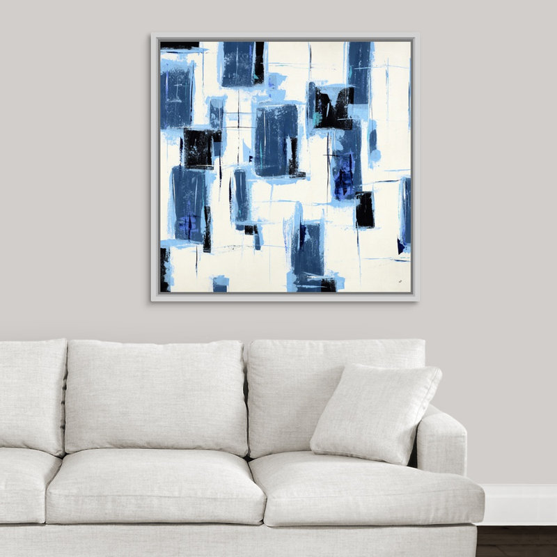 « sensation blue », peinture sur toile, Cadre flottant blanc, H 37,7 po x l 37,7 po x P 1,75 po